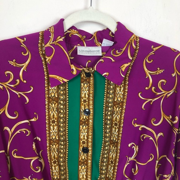 VINTAGE Liz Claiborne Purple Pink Filigree Vegas Button Down Top size Medium - Picture 3 of 10